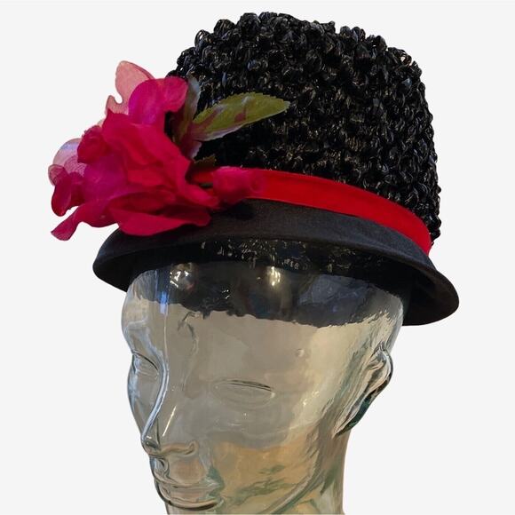 Floral Hat Cloche Black Red Band Woven Raffia Vintage 60s MidMod MCM - Picture 7 of 8